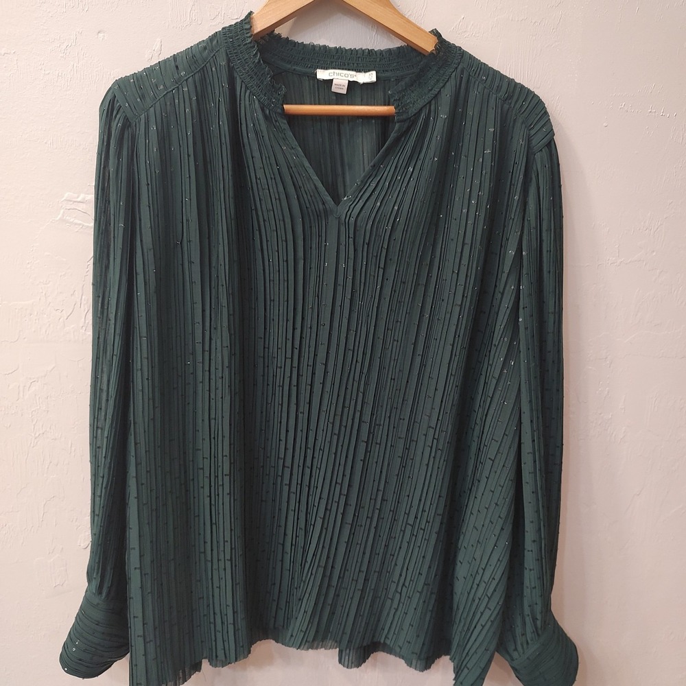 Chico's Blouse Women Sz 18 Green 3/4 Puff Sleeve Textured Office Career Holiday